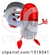 Clipart Of A 3d Happy Red And White Pill Character Facing Right Jumping And Holding An Email Arobase At Symbol Royalty Free Illustration