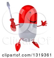 Clipart Of A 3d Happy Red And White Pill Character Jumping Facing Right And Holding A Screwdriver Royalty Free Illustration