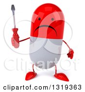 Clipart Of A 3d Unhappy Red And White Pill Character Holding A Screwdriver Royalty Free Illustration