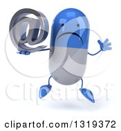 Clipart Of A 3d Unhappy Blue And White Pill Character Jumping And Holding An Email Arobase At Symbol Royalty Free Illustration