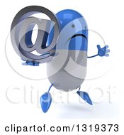 Clipart Of A 3d Unhappy Blue And White Pill Character Facing Right Jumping And Holding An Email Arobase At Symbol Royalty Free Illustration