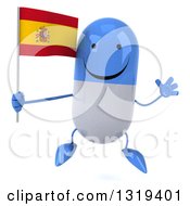 Clipart Of A 3d Happy Blue And White Pill Character Jumping And Holding A Spanish Flag Royalty Free Illustration
