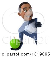 Clipart Of A 3d Young Black Male Super Hero Dark Blue Suit Holding A Green Apple And Looking Around A Sign Royalty Free Illustration