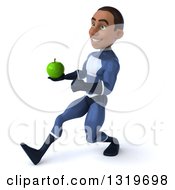 Clipart Of A 3d Young Black Male Super Hero Dark Blue Suit Speed Walking To The Left And Holding A Green Apple Royalty Free Illustration