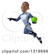 Clipart Of A 3d Young Black Male Super Hero Dark Blue Suit Flying Pointing And Holding A Green Apple Royalty Free Illustration
