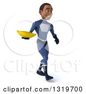 Clipart Of A 3d Young Black Male Super Hero Dark Blue Suit Walking To The Right And Holding A Banana Royalty Free Illustration
