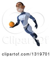 Clipart Of A 3d Young Black Male Super Hero Dark Blue Suit Flying And Holding A Navel Orange Royalty Free Illustration