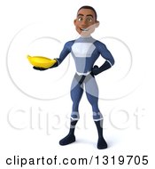 Clipart Of A 3d Young Black Male Super Hero Dark Blue Suit Holding A Banana Royalty Free Illustration