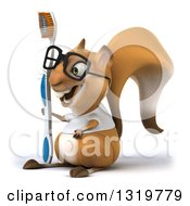 3d Bespectacled Casual Squirrel Wearing A White T Shirt Facing Left And Holding A Giant Toothbrush