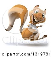 3d Casual Squirrel Wearing A White T Shirt Hopping And Pointing To The Right