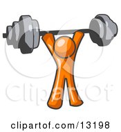 Orange Man Holding A Barbel Above His Head Clipart Illustration