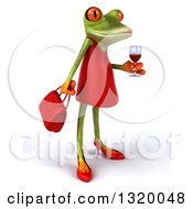 Clipart Of A 3d Green Female Springer Frog Facing Right And Holding A Glass Of Red Wine Royalty Free Illustration