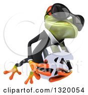 Clipart Of A 3d Green Business Springer Frog Wearing Sunglasses Leaping To The Right And Holding A Dollar Symbol 2 Royalty Free Illustration