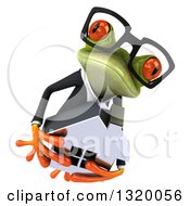 Clipart Of A 3d Bespectacled Green Business Springer Frog Leaping To The Right And Holding A House Royalty Free Illustration