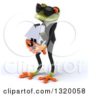 Clipart Of A 3d Green Business Or Realtor Springer Frog Wearing Sunglasses Facing Left Holding A House Royalty Free Illustration