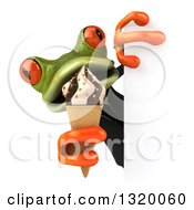Clipart Of A 3d Green Business Springer Frog Eating A Waffle Ice Cream Cone Around A Sign Royalty Free Illustration