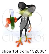 Clipart Of A 3d Green Business Springer Frog Wearing Sunglasses Holding Up A Test Tube With Green Liquid Royalty Free Illustration