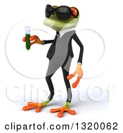 Clipart Of A 3d Green Business Springer Frog Wearing Sunglasses Facing Left Holding A Test Tube With Green Liquid Royalty Free Illustration