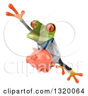 Clipart Of A 3d Green Doctor Springer Frog Leaping To The Left And Holding A Piggy Bank Royalty Free Illustration