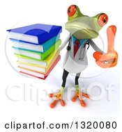 Clipart Of A 3d Green Doctor Springer Frog Holding Up A Thumb And A Stack Of Books Royalty Free Illustration