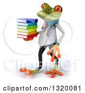 Clipart Of A 3d Green Doctor Springer Frog Walking To The Left And Holding A Stack Of Books Royalty Free Illustration