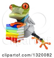Clipart Of A 3d Green Doctor Springer Frog Leaping To The Left And Holding A Stack Of Books Royalty Free Illustration