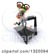 Clipart Of A 3d Bespectacled Green Doctor Springer Frog Facing Slightly Right And Running On A Treadmill Royalty Free Illustration
