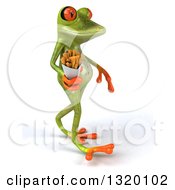 Clipart Of A 3d Green Springer Frog Walking To The Right And Holding French Fries Royalty Free Illustration