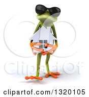 Clipart Of A 3d Green Springer Frog Wearing Sunglasses Walking And Holding A House Royalty Free Illustration