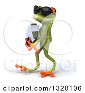 Clipart Of A 3d Green Springer Frog Wearing Sunglasses Walking To The Left And Holding A House Royalty Free Illustration