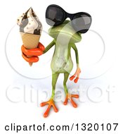 Clipart Of A 3d Green Springer Frog Wearing Sunglasses And Holding Up A Waffle Ice Cream Cone Royalty Free Illustration