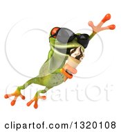 Clipart Of A 3d Green Springer Frog Wearing Sunglasses Facing Right Leaping And Eating A Waffle Ice Cream Cone Royalty Free Illustration