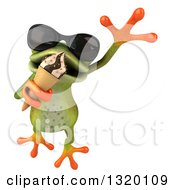 Clipart Of A 3d Green Springer Frog Wearing Sunglasses Leaping And Eating A Waffle Ice Cream Cone Royalty Free Illustration