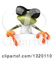 Clipart Of A 3d Casual Green Springer Frog Wearing A White T Shirt And Sunglasses Pointing Down Over A Sign Royalty Free Illustration