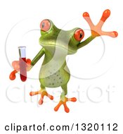 Clipart Of A 3d Green Springer Frog Leaping Holding Blood In A Test Tube Royalty Free Illustration