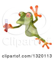 Clipart Of A 3d Green Springer Frog Leaping To The Left And Holding Blood In A Test Tube Royalty Free Illustration