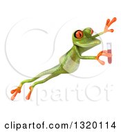 Clipart Of A 3d Green Springer Frog Leaping To The Right And Holding Blood In A Test Tube Royalty Free Illustration