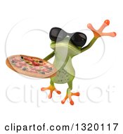 Clipart Of A 3d Green Springer Frog Wearing Sunglasses Leaping And Holding A Pizza Royalty Free Illustration