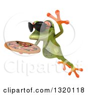 Clipart Of A 3d Green Springer Frog Wearing Sunglasses Leaping To The Left And Holding A Pizza Royalty Free Illustration