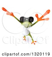 Clipart Of A 3d Casual Green Springer Frog Wearing A White T Shirt And Sunglasses Leaping Upwards Royalty Free Illustration