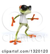 Clipart Of A 3d Casual Green Springer Frog Wearing A White T Shirt And Sunglasses Dancing 3 Royalty Free Illustration