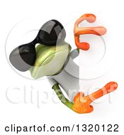 Clipart Of A 3d Casual Green Springer Frog Wearing A White T Shirt And Sunglasses Pointing Around A Sign Royalty Free Illustration