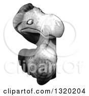 Clipart Of A Grayscale Printed Styled Dodo Bird Looking Around A Sign Royalty Free Illustration