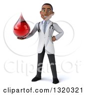 Clipart Of A 3d Young Black Male Phlebotomist Doctor Holding A Blood Drop One Hand On His Hip Royalty Free Illustration