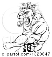 Poster, Art Print Of Black And White Fierce Angry Muscular Lion Man Punching And Roaring