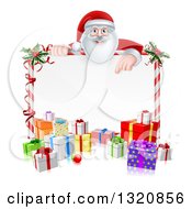 Poster, Art Print Of Cartoon Happy Santa Claus Pointing Down Over A Blank Candy Cane Framed Sign With Christmas Gifts And Holly