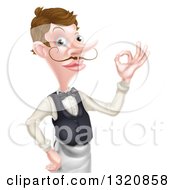 Cartoon Caucasian Male Waiter With A Curling Mustache Gesturing Ok From The Waist Up