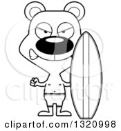 Lineart Clipart Of A Cartoon Black And White Angry Bear Surfer Royalty Free Outline Vector Illustration