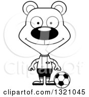 Lineart Clipart Of A Cartoon Black And White Happy Bear Soccer Player Royalty Free Outline Vector Illustration