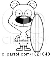 Lineart Clipart Of A Cartoon Black And White Happy Bear Surfer Royalty Free Outline Vector Illustration